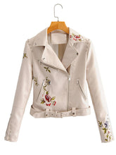 New Arrival Autumn Fashion Women Embroidery PU Leather Jacket Chic Rivets with Belt Biker Jackets Zippers Ladies Coats Outerwear